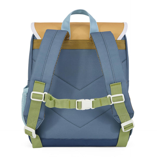 Blue and mustard yellow children's backpack back view with adjustable straps
