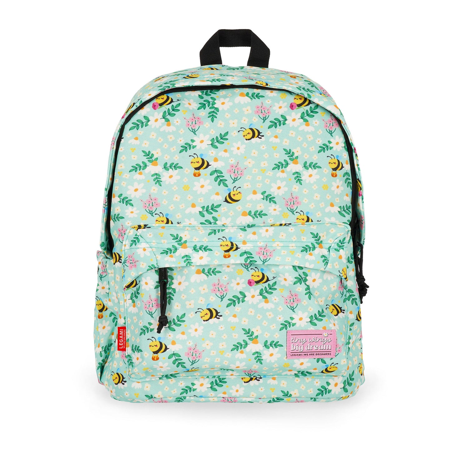 Front view of light teal bee pattern backpack with 'tiny wings big dream' label