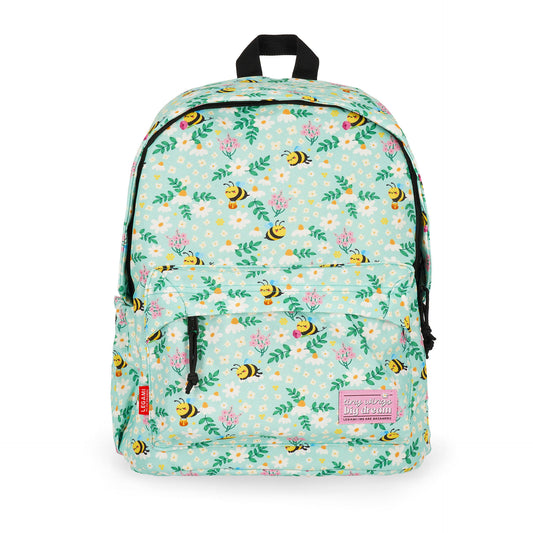 Front view of light teal bee pattern backpack with 'tiny wings big dream' label