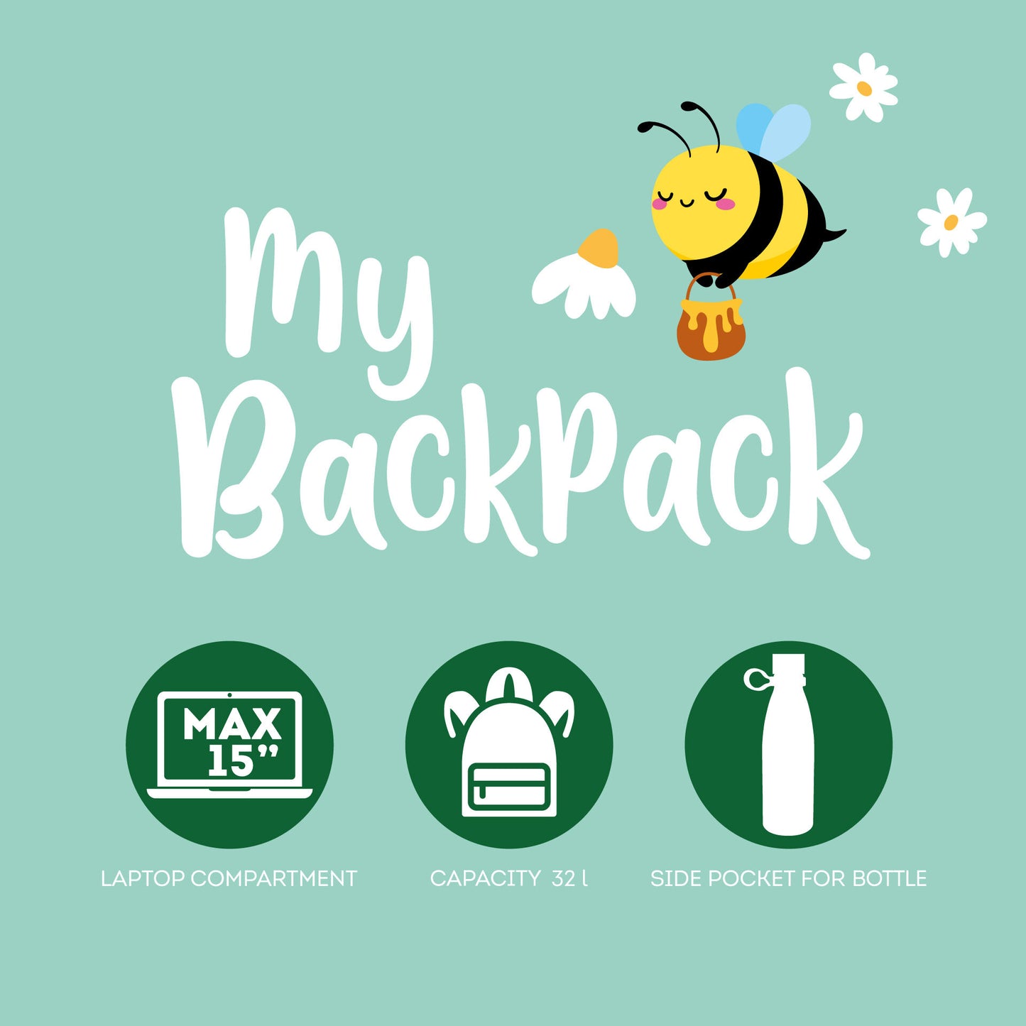 My Backpack promotional graphic highlighting 15-inch laptop fit and 32L capacity