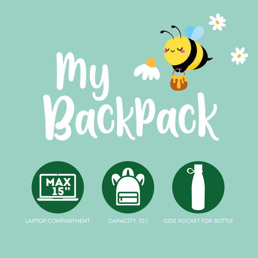 My Backpack promotional graphic highlighting 15-inch laptop fit and 32L capacity