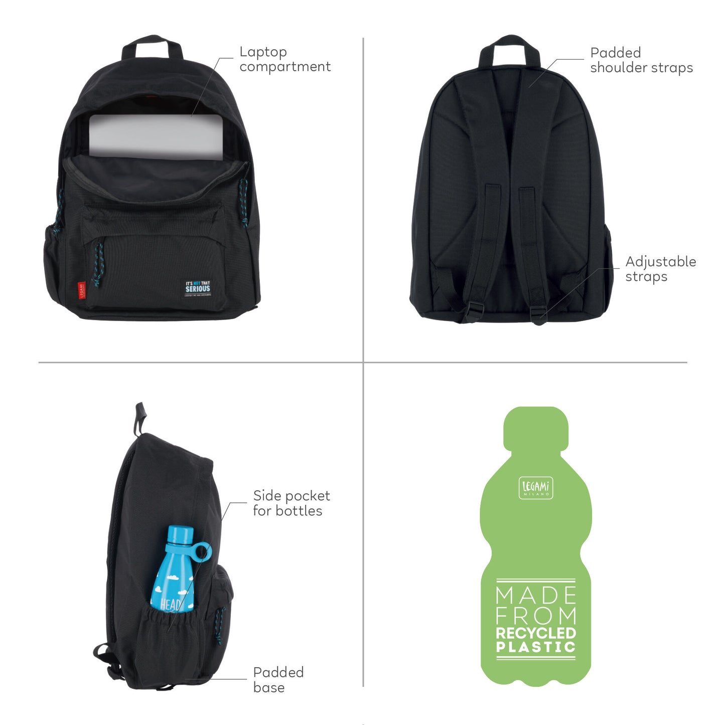 Black recycled plastic backpack diagram showing laptop compartment and padded straps