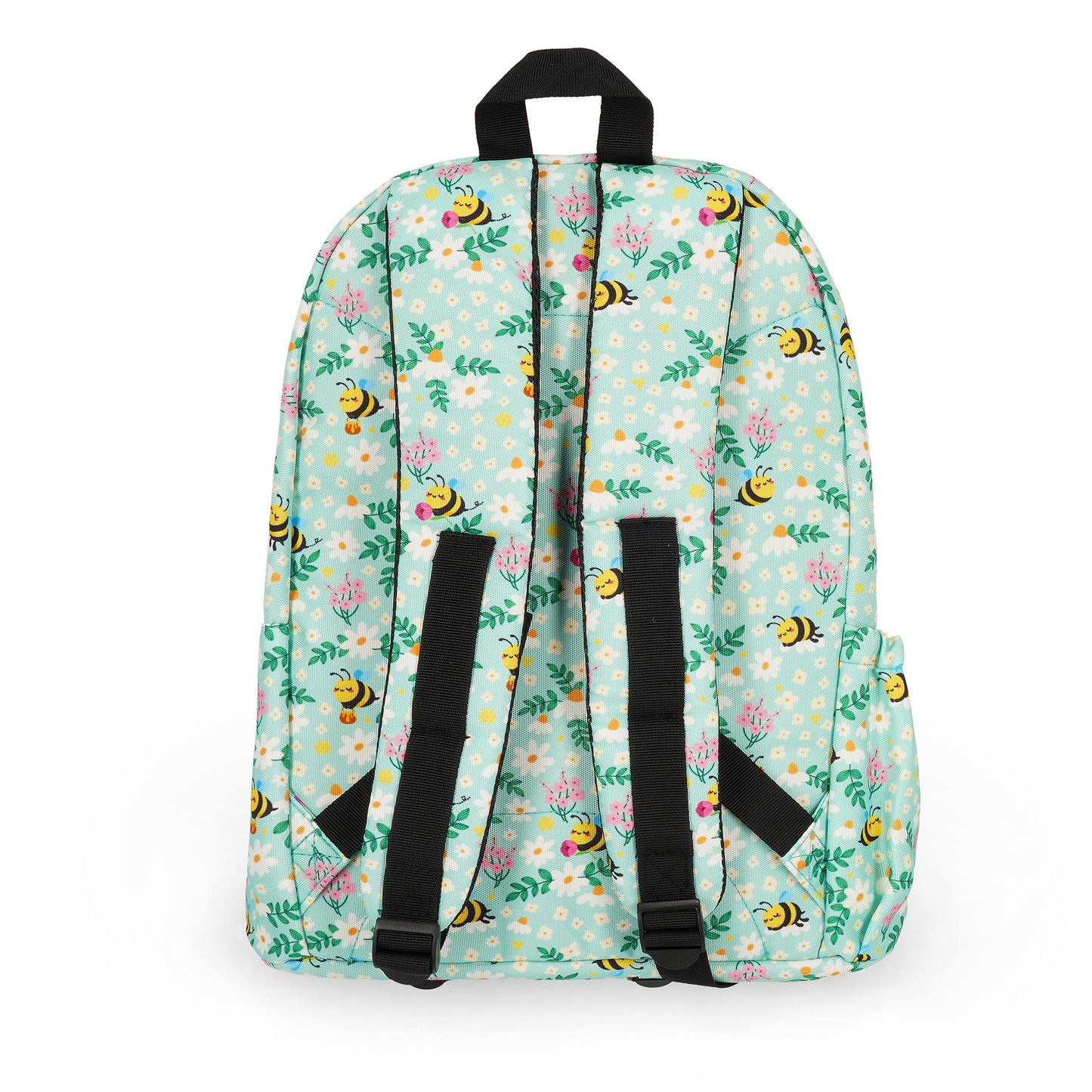 Back view of light teal bee print backpack with adjustable padded shoulder straps