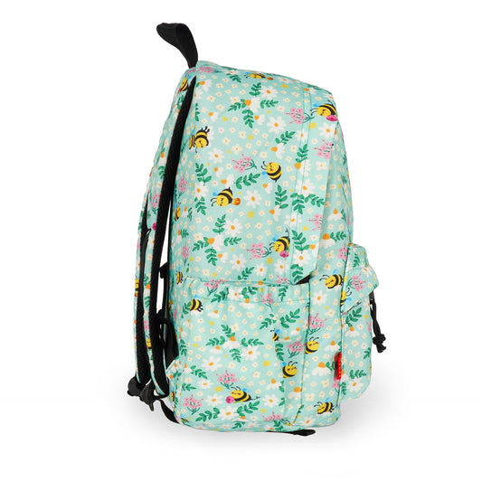 Side profile of light teal floral backpack featuring drawstring water bottle pocket