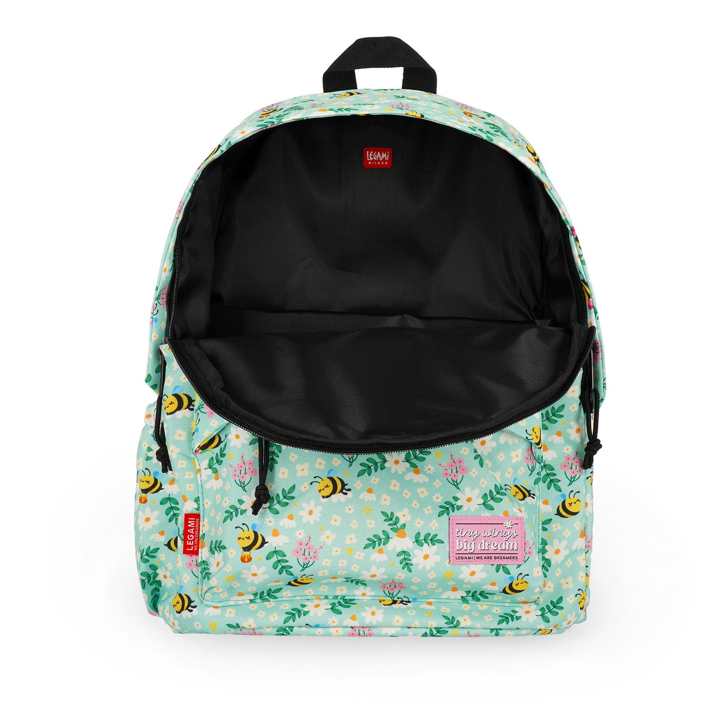 Open light teal bee print backpack interior with black lining and brand tag