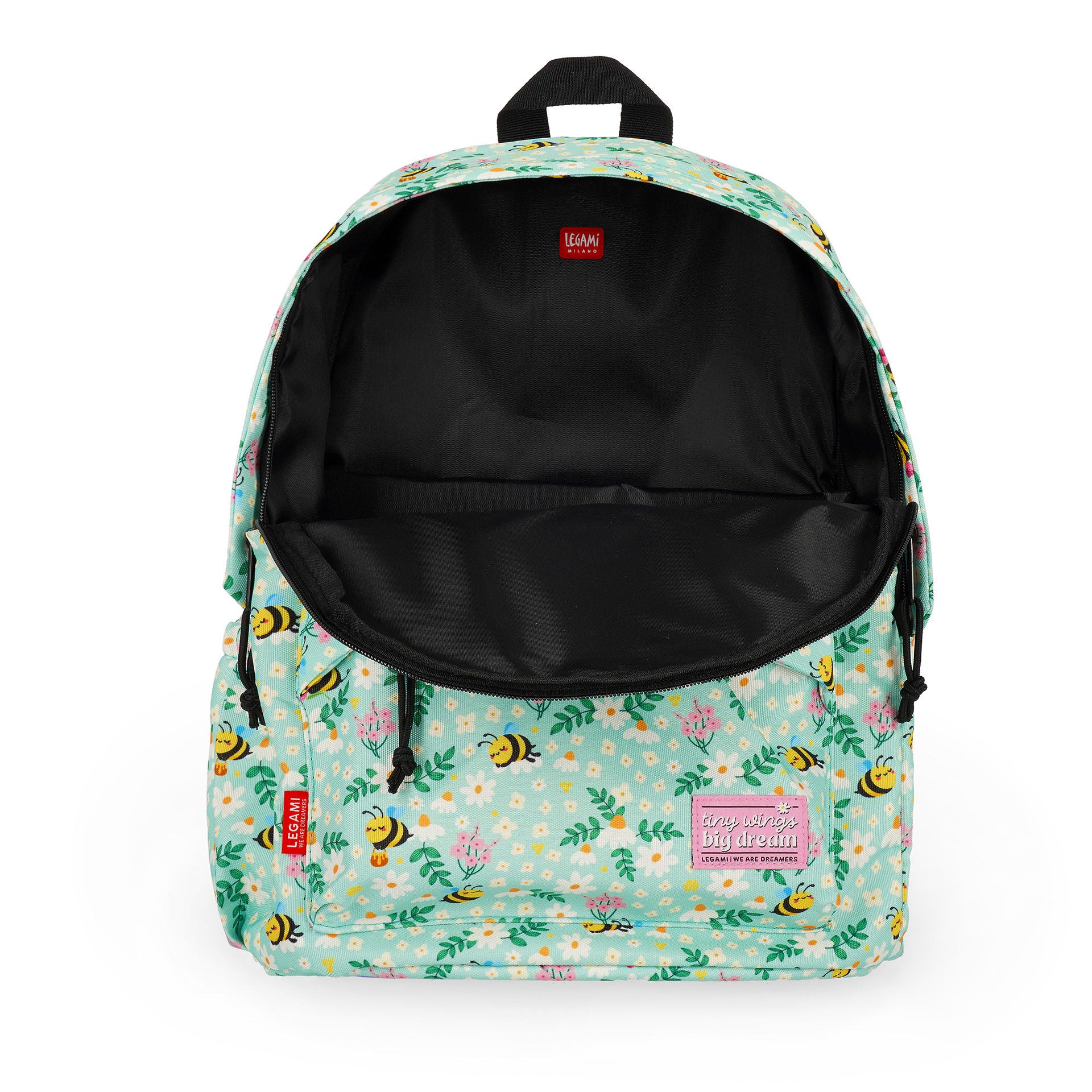 Open light teal bee print backpack interior with black lining and brand tag