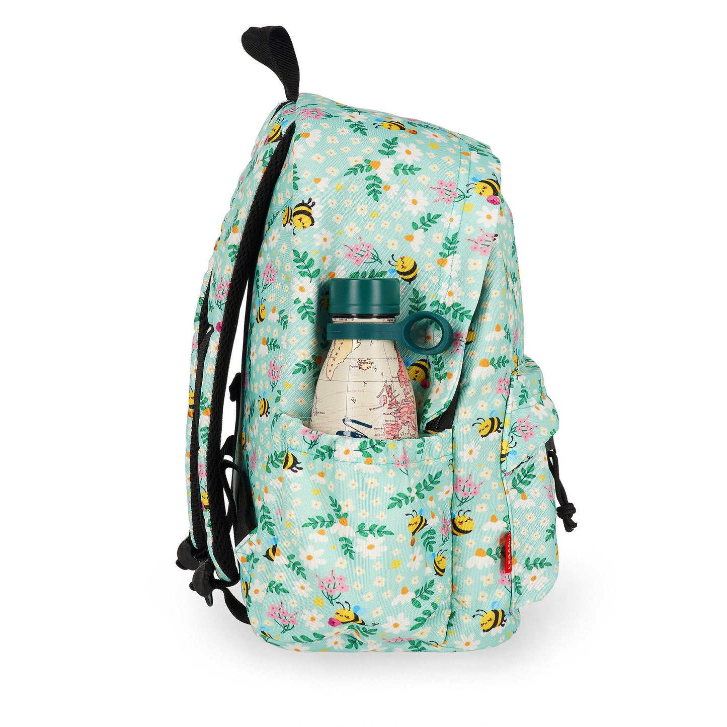 Light teal bee and floral backpack with side water bottle pocket