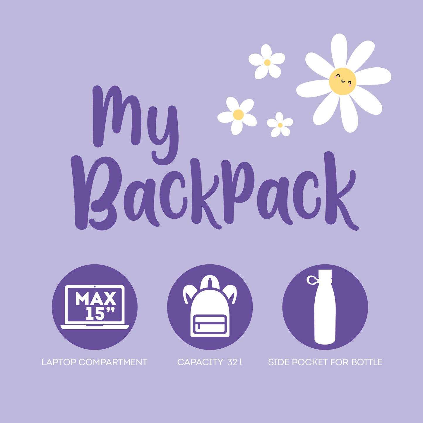 My Backpack Daisy graphic showing 15-inch laptop compartment and 32L capacity