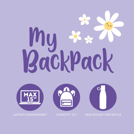 My Backpack Daisy graphic showing 15-inch laptop compartment and 32L capacity