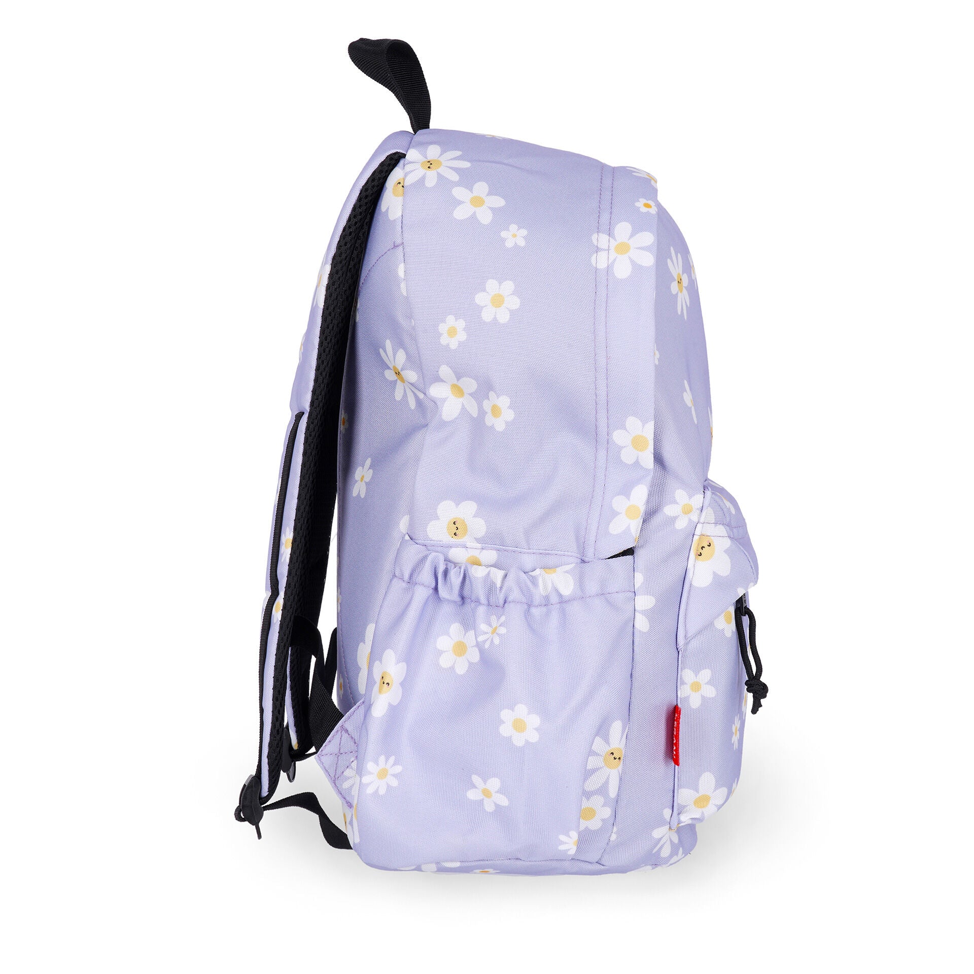 Light purple daisy print backpack with smiling faces and black straps