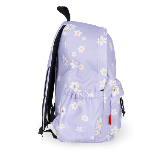 Light purple daisy print backpack with smiling faces and black straps