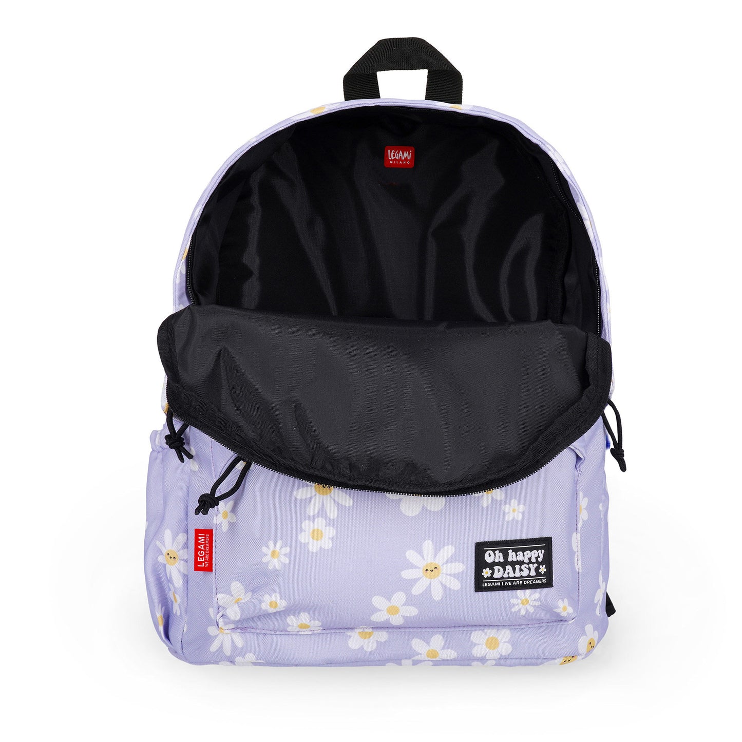 Open main compartment of lilac daisy backpack revealing black interior lining