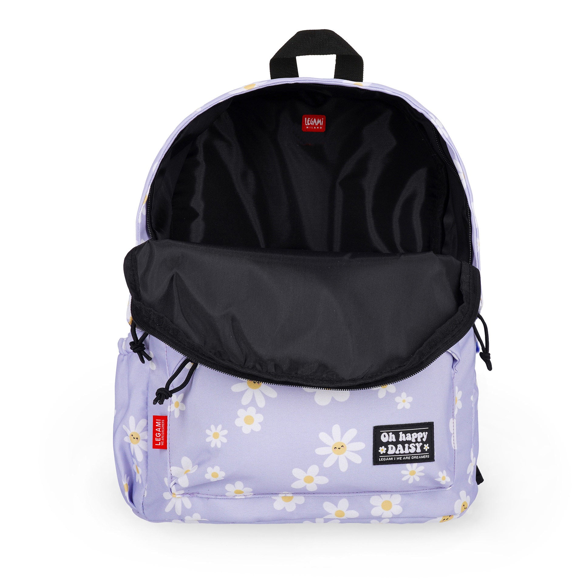 Open main compartment of lilac daisy backpack revealing black interior lining