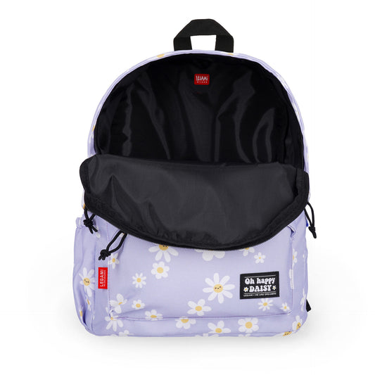 Open main compartment of lilac daisy backpack revealing black interior lining