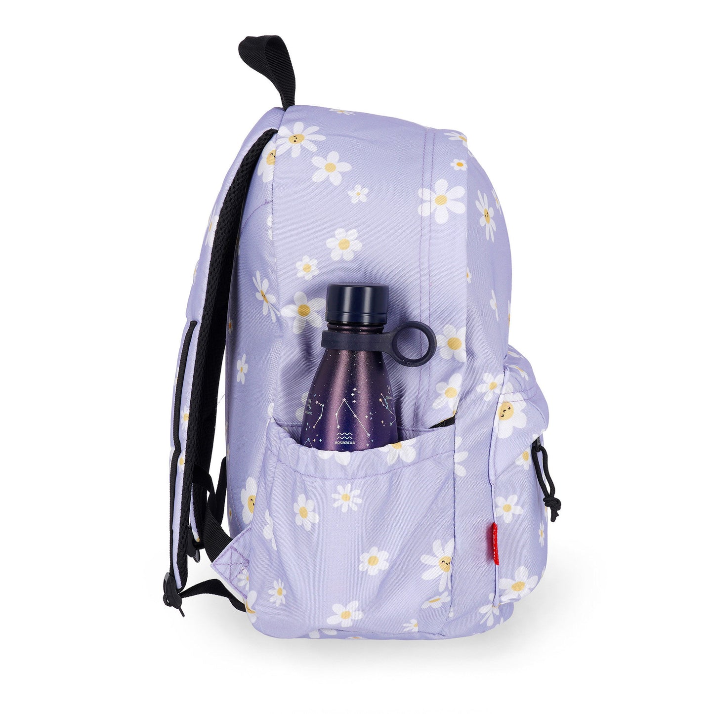 Lilac daisy backpack with side pocket holding a dark purple water bottle