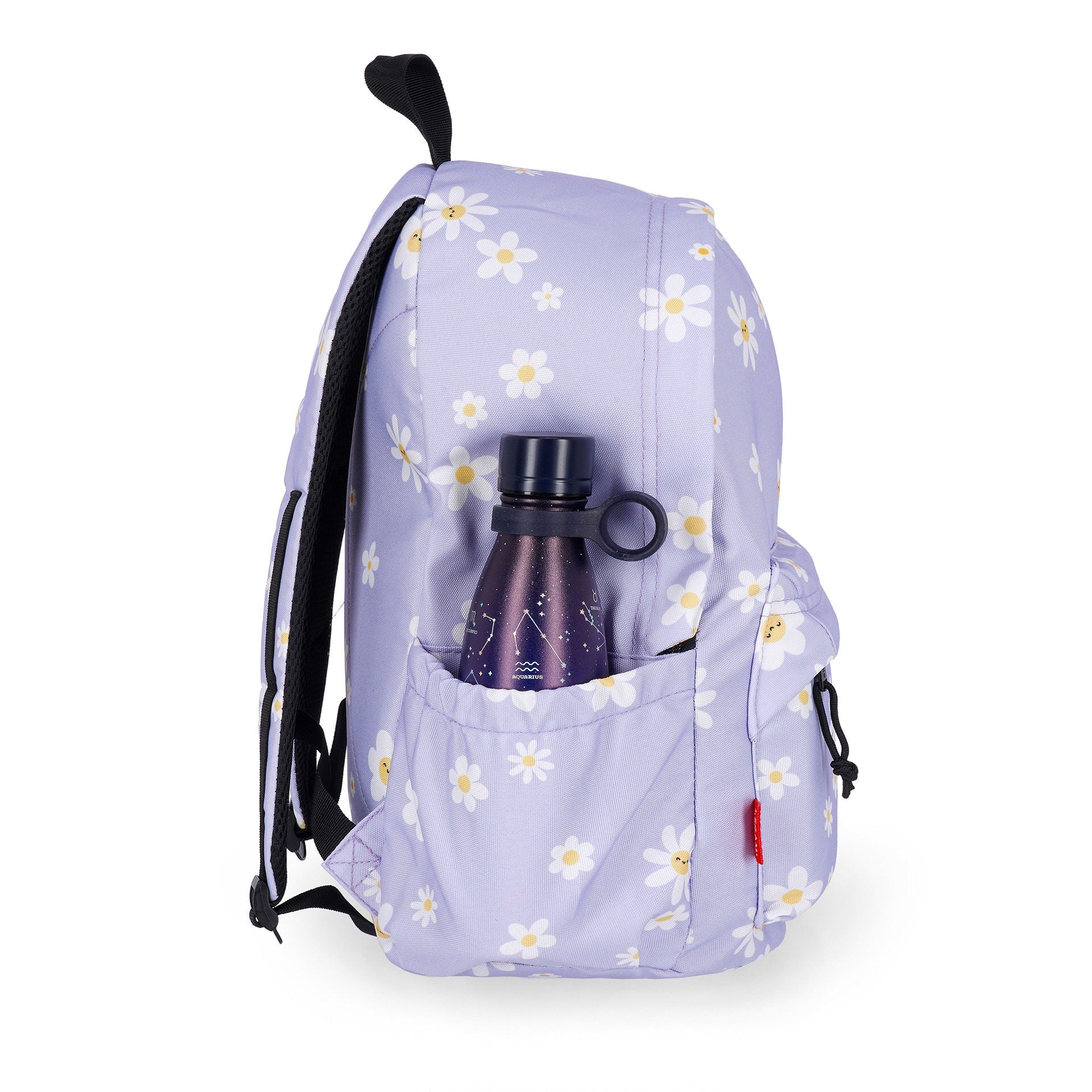Lilac daisy backpack with side pocket holding a dark purple water bottle