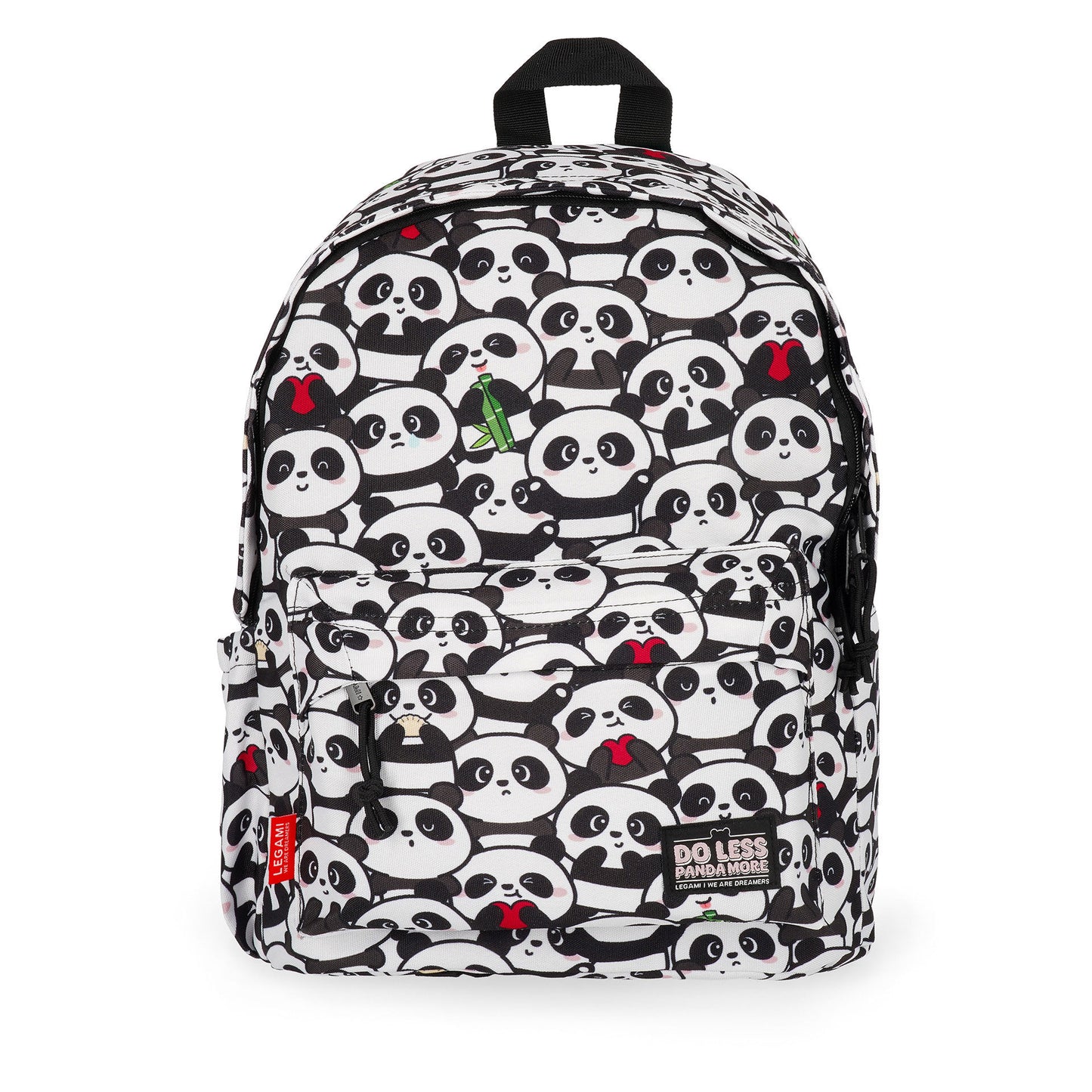 White My Backpack Panda with repeating cartoon faces and 'Do Less Panda More' patch