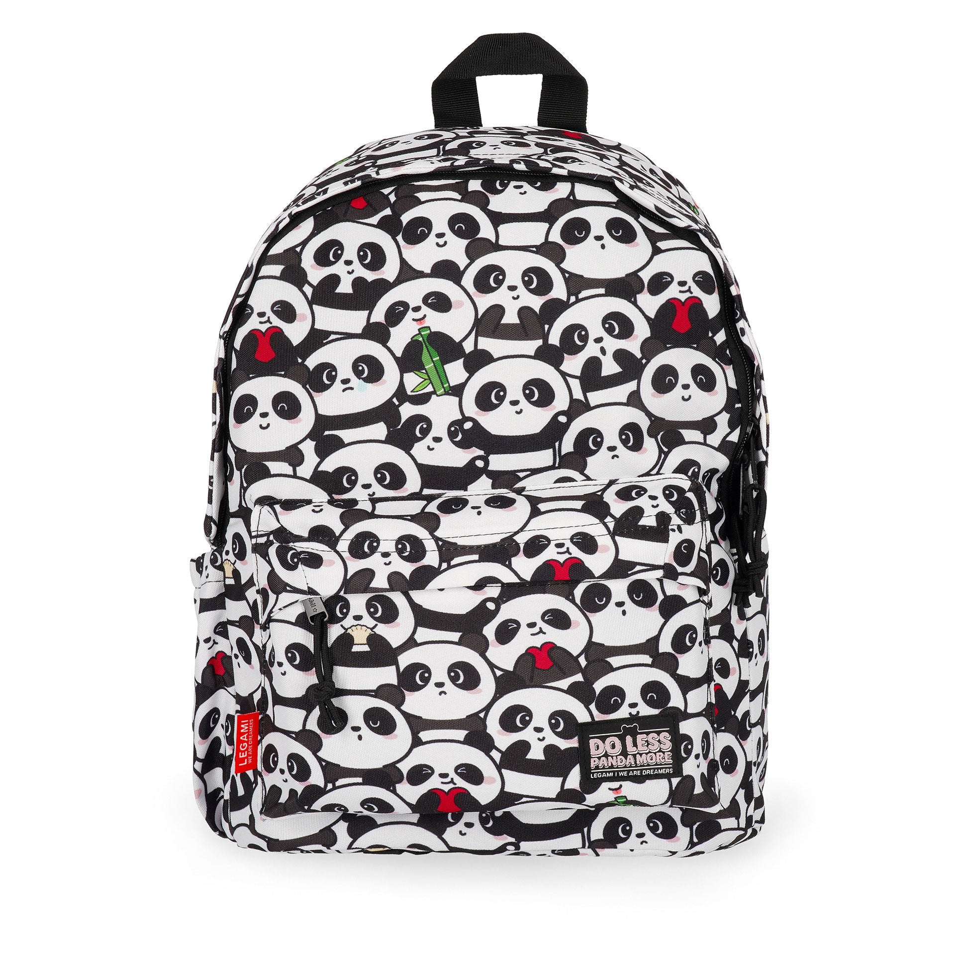 White My Backpack Panda with repeating cartoon faces and 'Do Less Panda More' patch