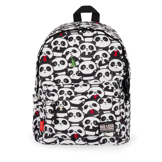 White My Backpack Panda with repeating cartoon faces and 'Do Less Panda More' patch