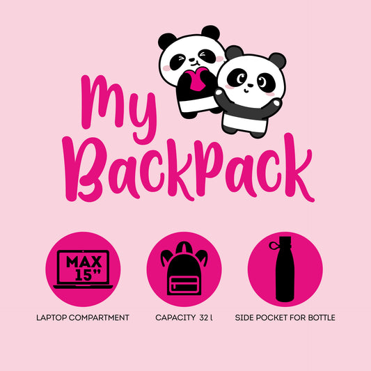 My Backpack Panda infographic showing 15-inch laptop fit and 32-liter capacity features
