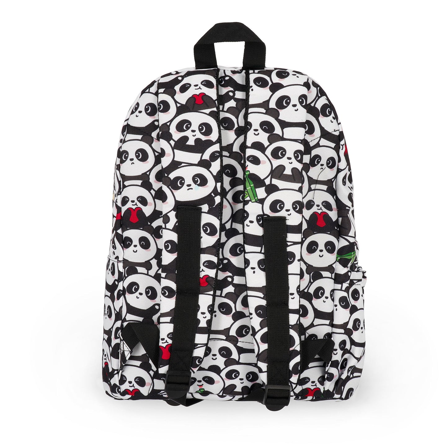 Back view of panda print backpack featuring padded shoulder straps and bamboo graphic