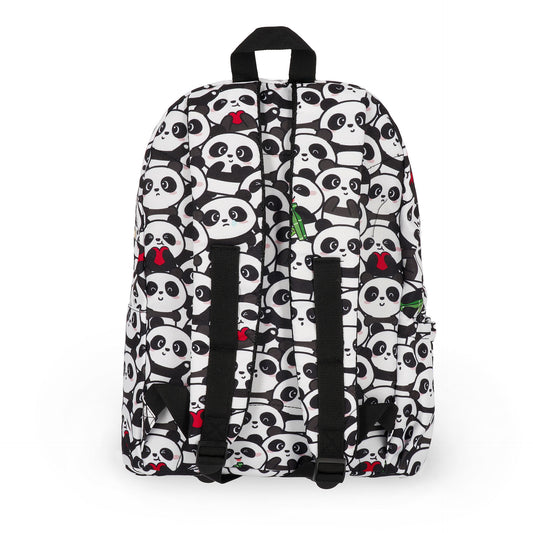 Back view of panda print backpack featuring padded shoulder straps and bamboo graphic