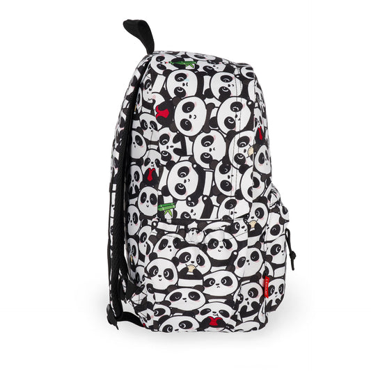 Side view of white cartoon panda backpack with compression straps and drawstring pocket