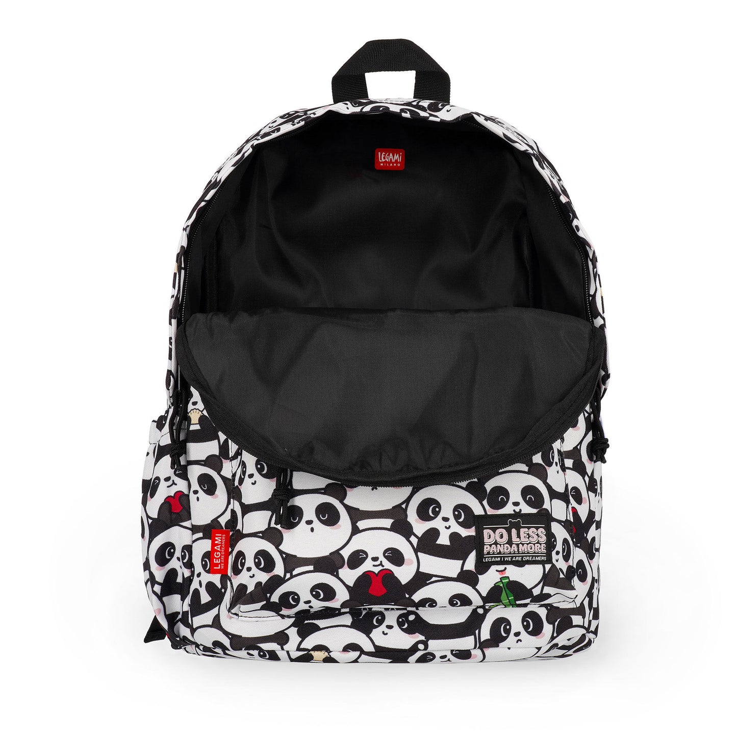 White panda print backpack interior with padded laptop sleeve and red brand tag