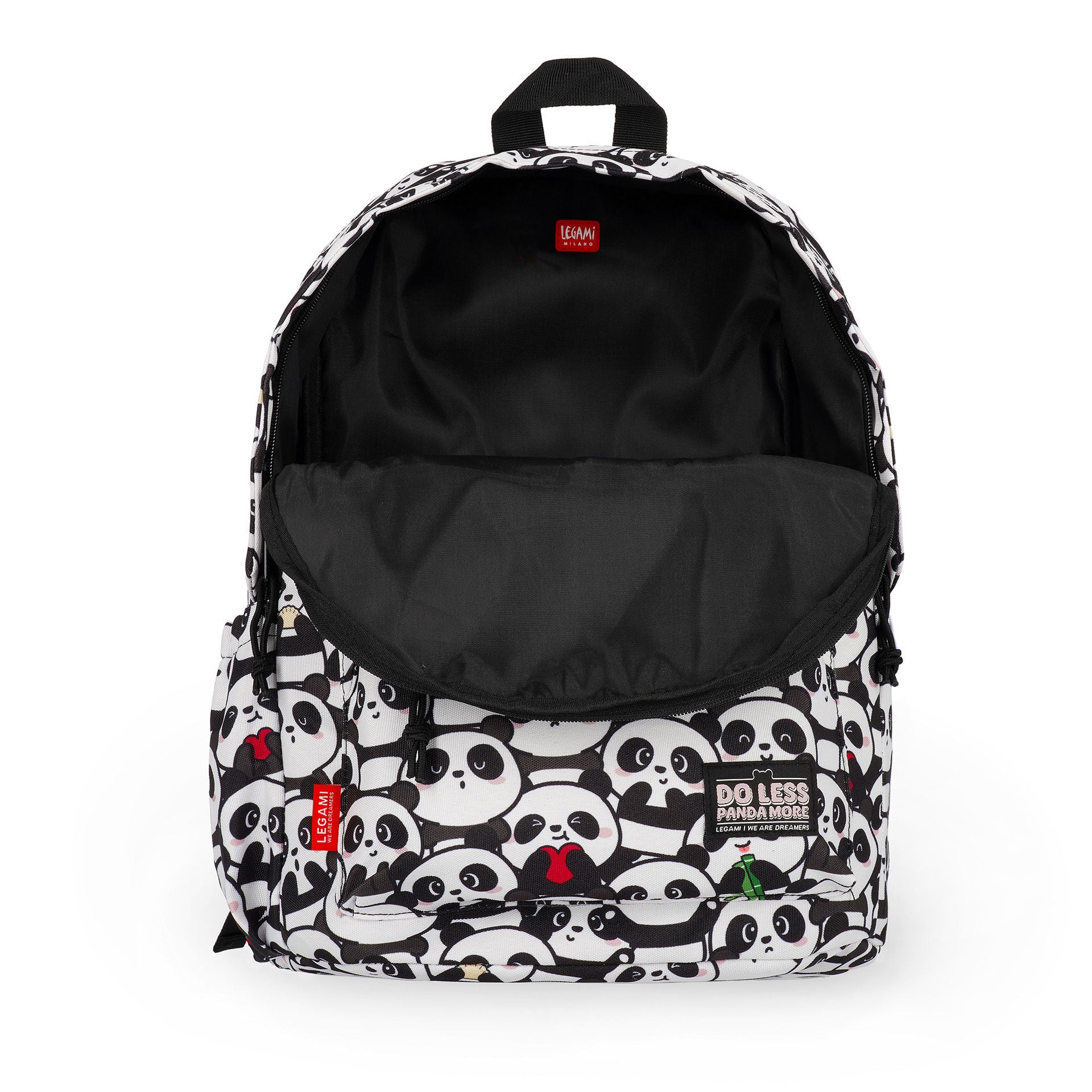 White panda print backpack interior with padded laptop sleeve and red brand tag