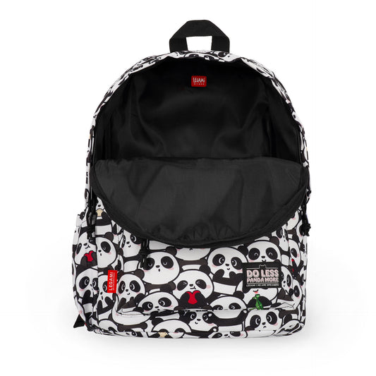 White panda print backpack interior with padded laptop sleeve and red brand tag