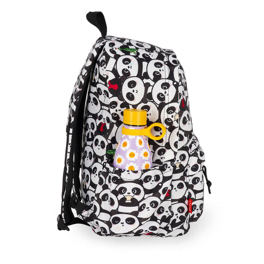 Panda patterned backpack side pocket holding purple water bottle with daisy design