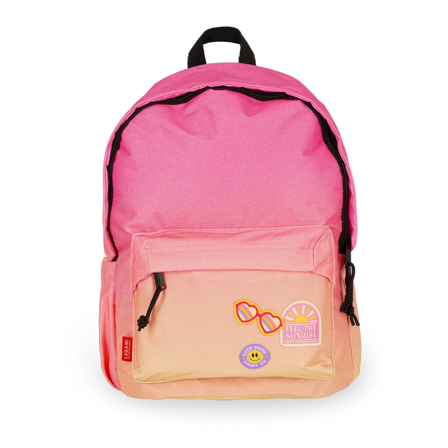 Pink to orange gradient backpack with decorative patches and black zippers