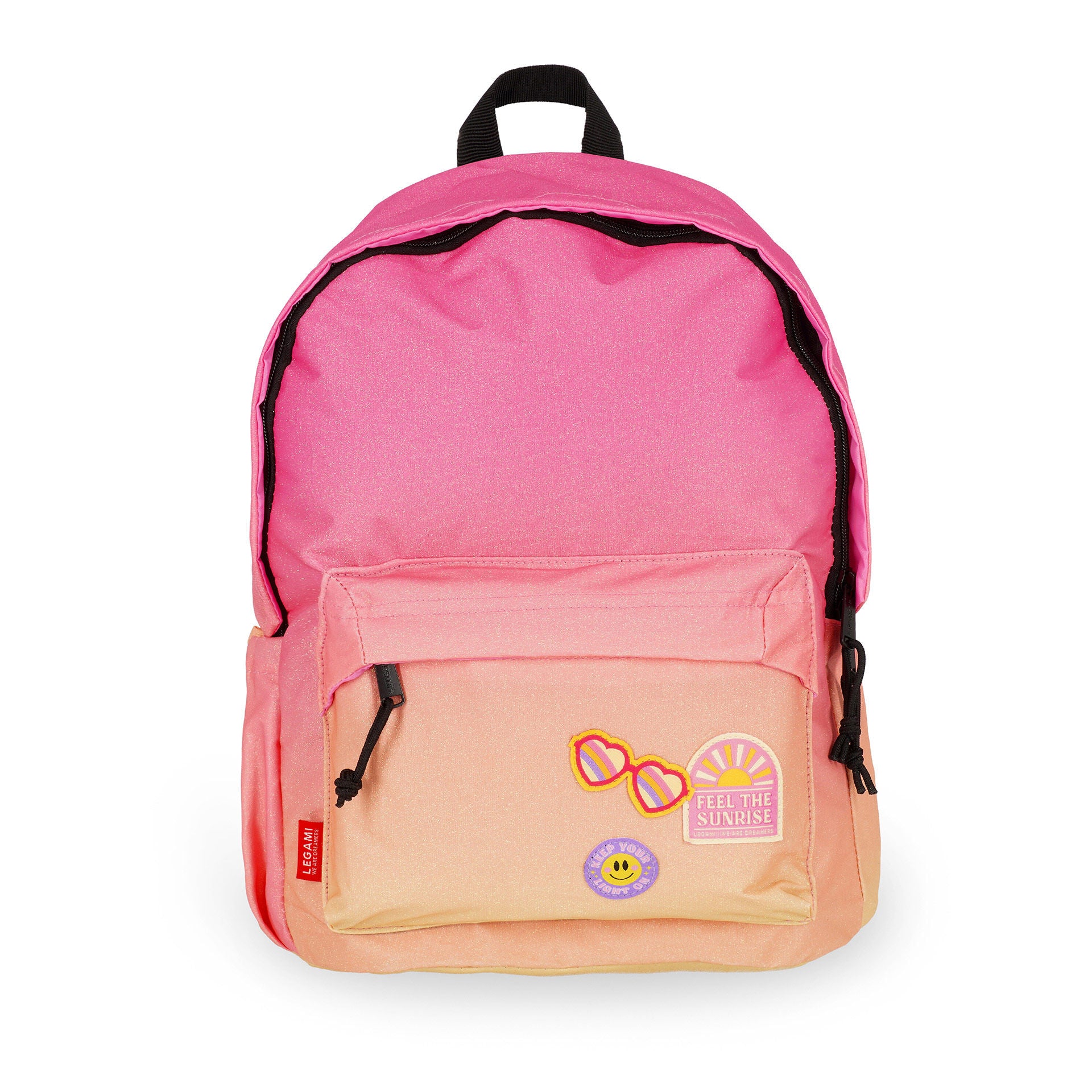 Pink to orange gradient backpack with decorative patches and black zippers