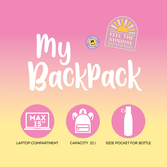 My Backpack graphic showing 15-inch laptop compartment and 32L capacity