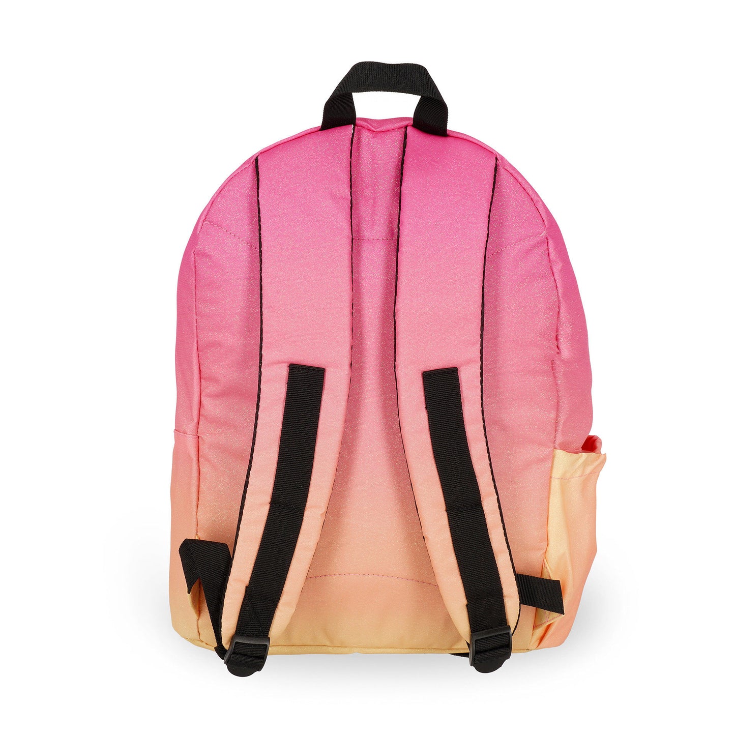 Pink to peach gradient backpack with black padded straps and shimmer finish