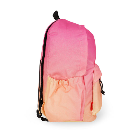 Gradient pink backpack side profile with drawstring water bottle pocket