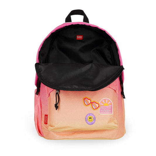 Sunrise Lover backpack front view with heart sunglasses and smiley patches
