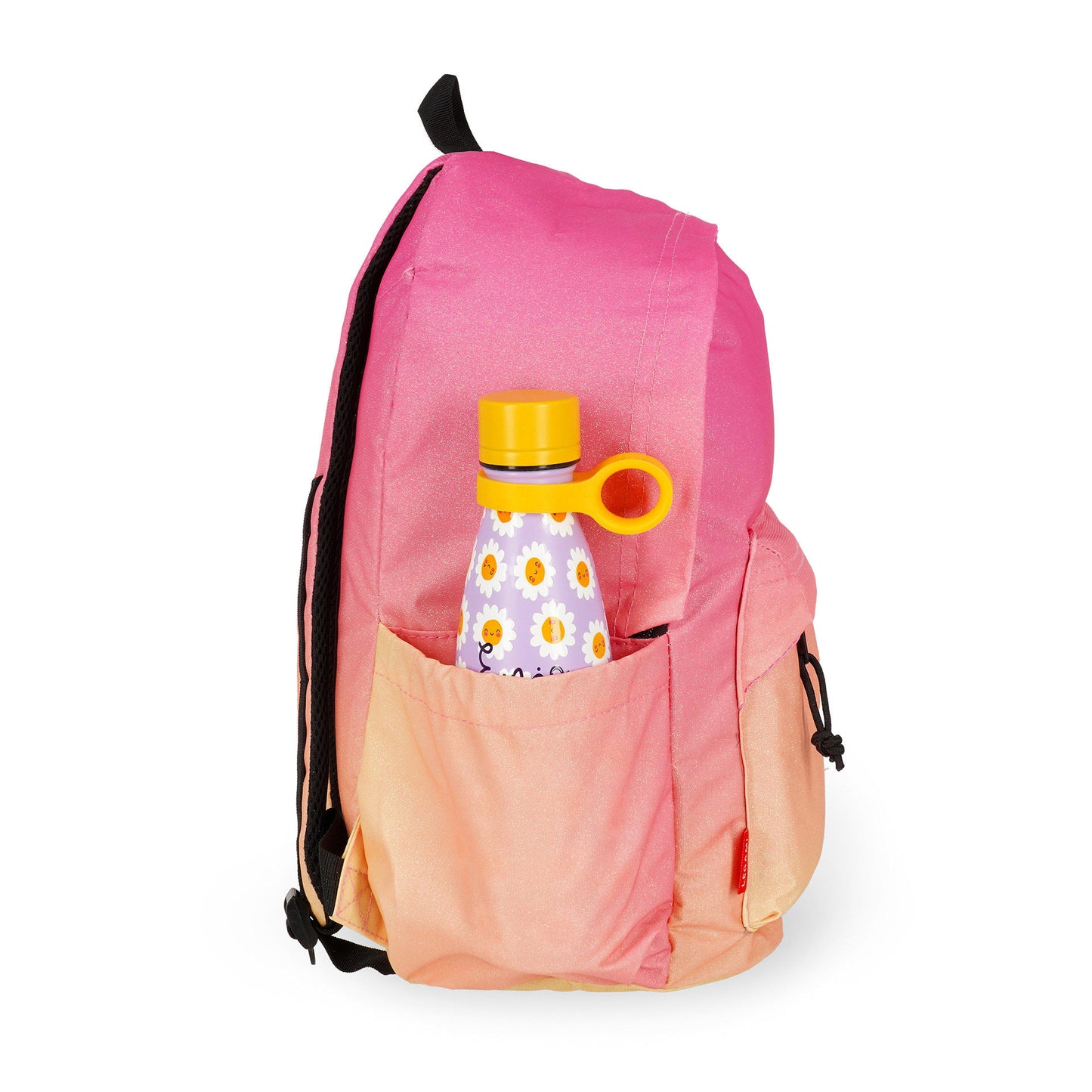 Pink gradient backpack with purple daisy water bottle in side pocket