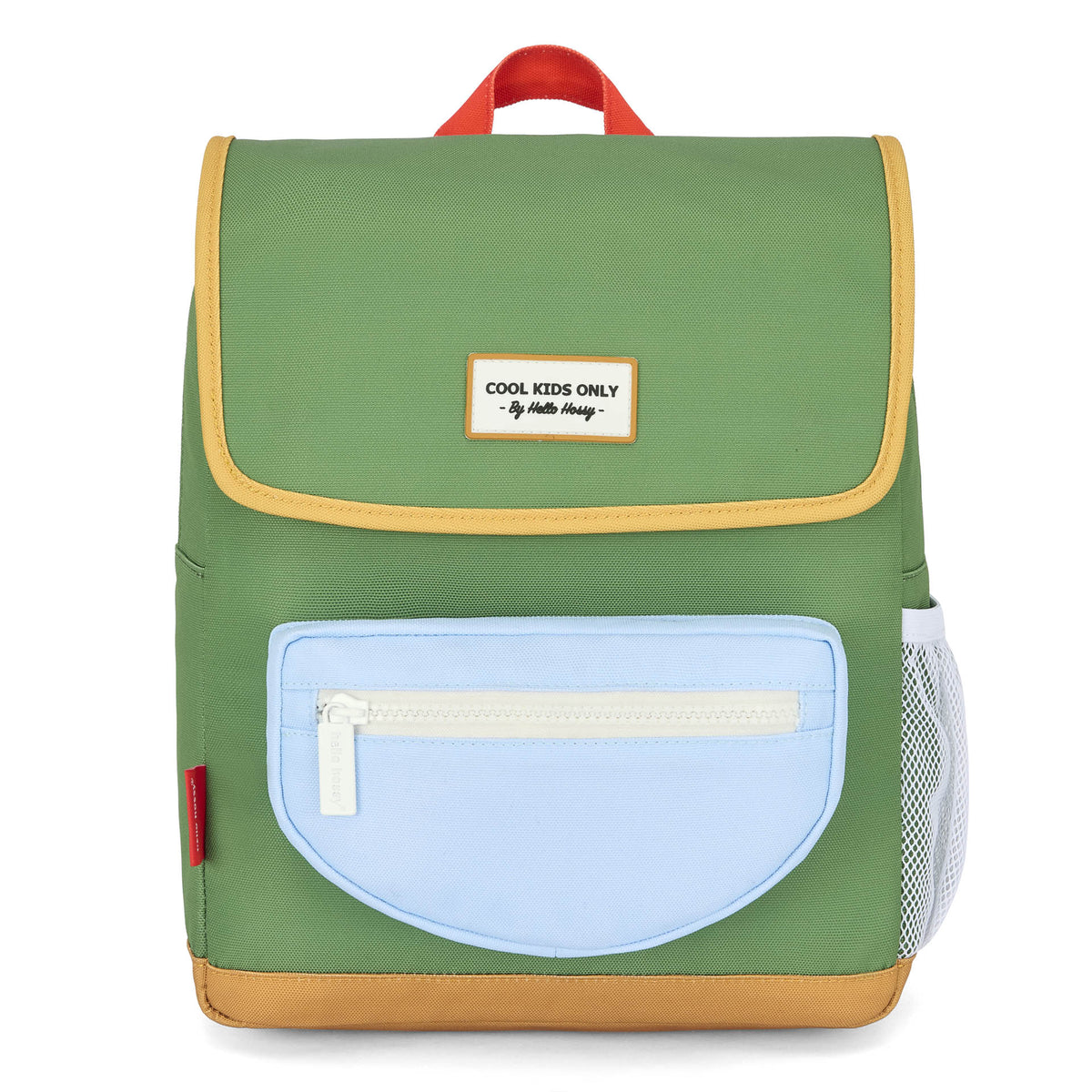 Green Mini Green Lake kids backpack with blue front pocket and brand label
