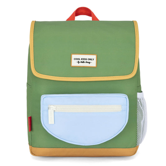 Green Mini Green Lake kids backpack with blue front pocket and brand label
