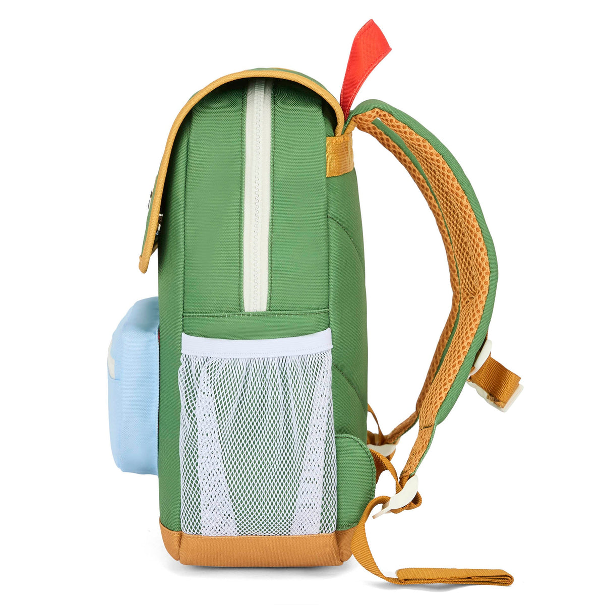 Side view of green recycled polyester mini backpack with mesh side pocket