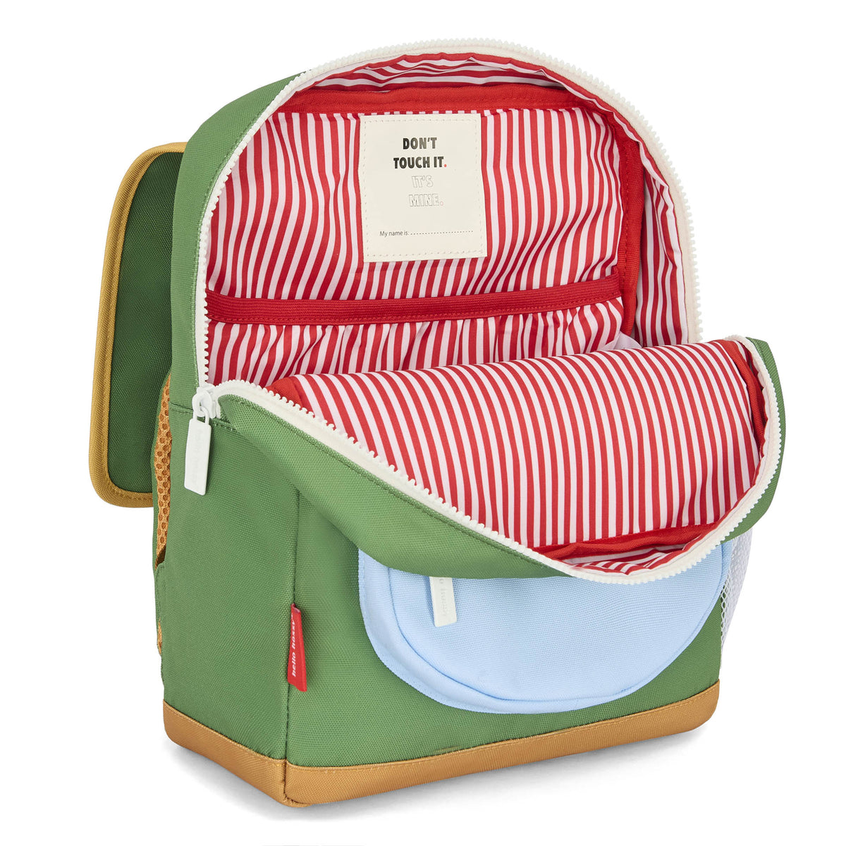 Mini Green Lake square kids backpack with mustard trim and striped interior lining