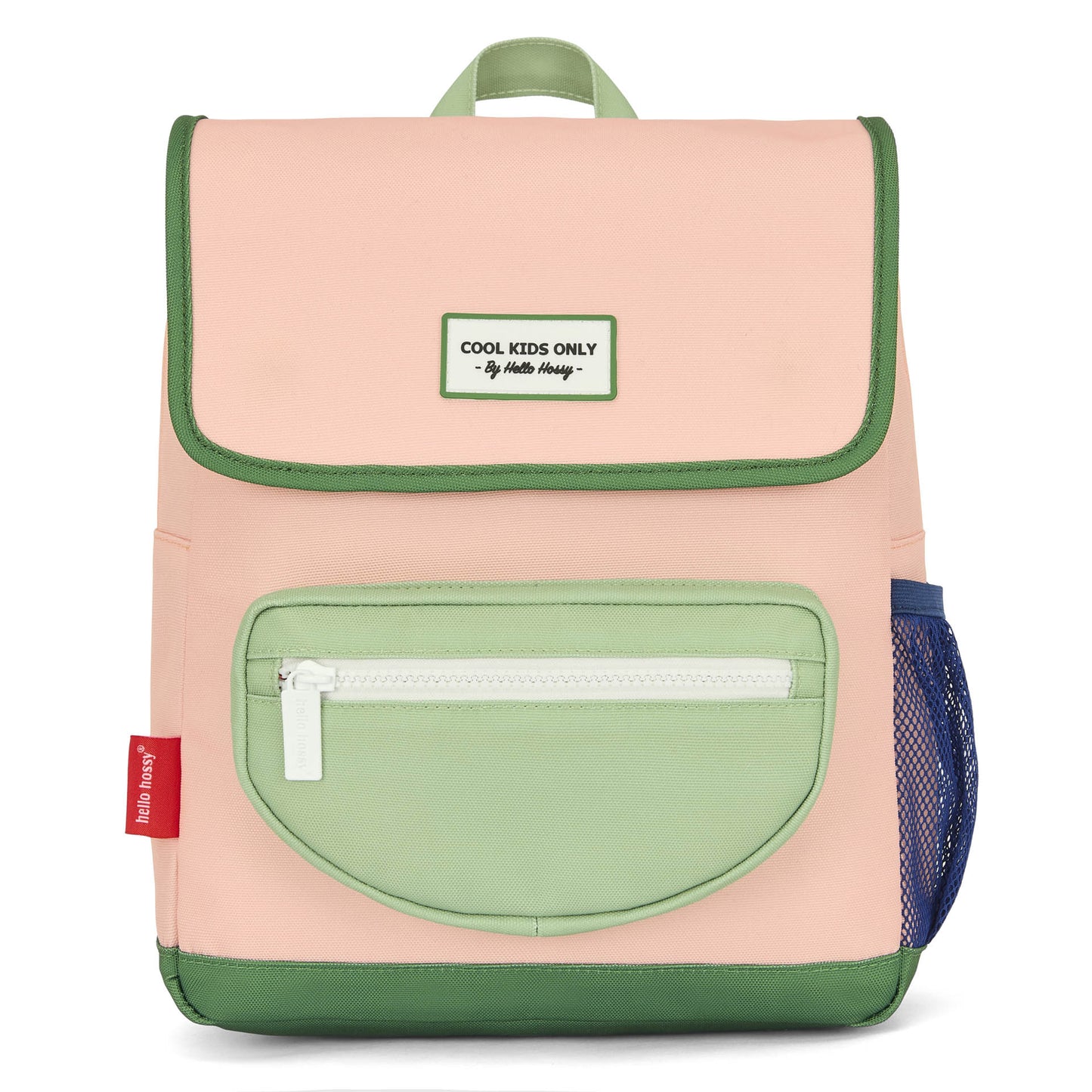 Front view of Hello Hossy square kids backpack in pink with green trim