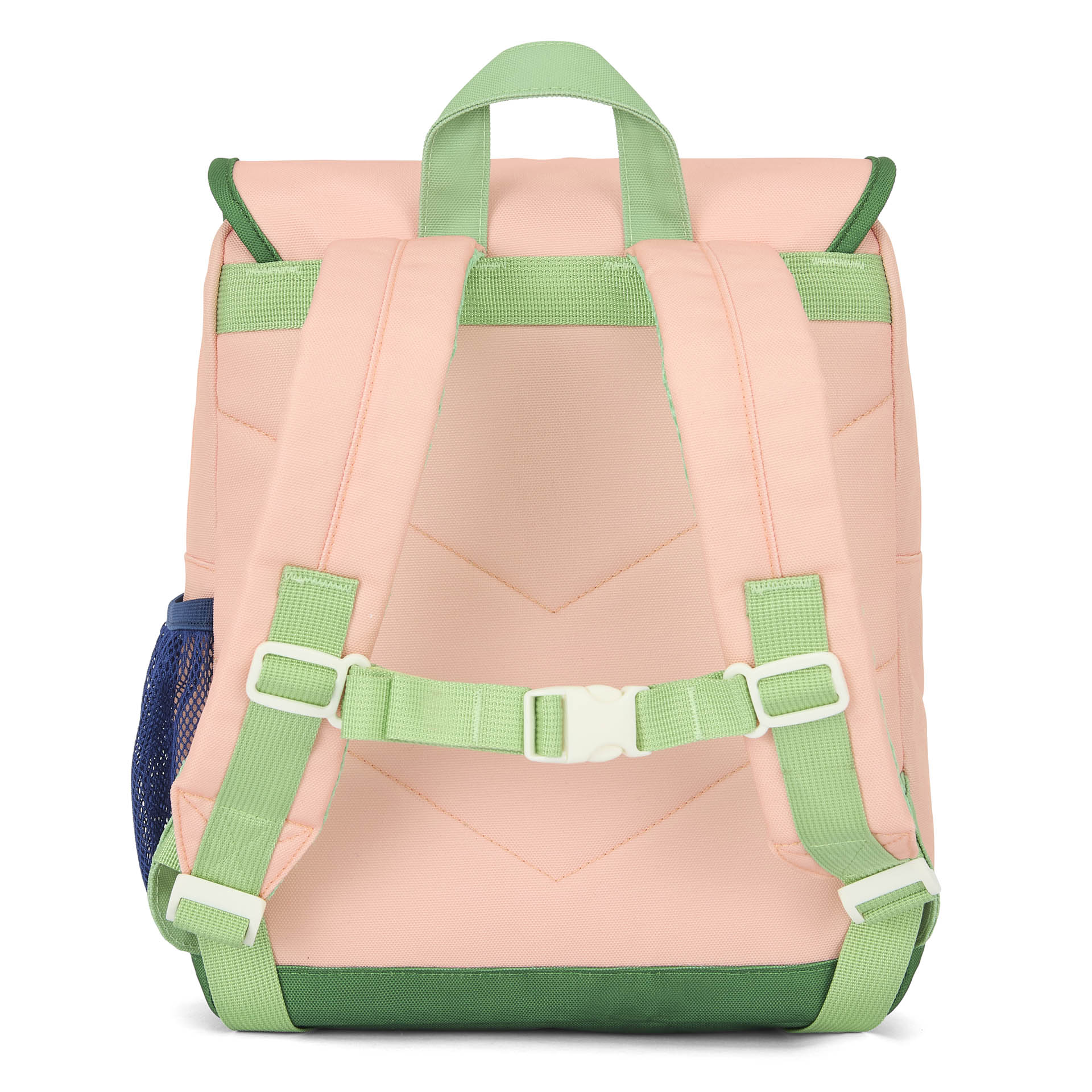 Back view of pink square backpack with adjustable chest strap and handle