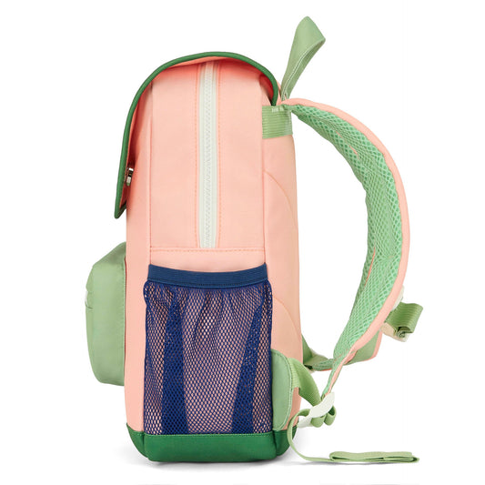 Side view of pink children's backpack showing mesh pocket and padded straps