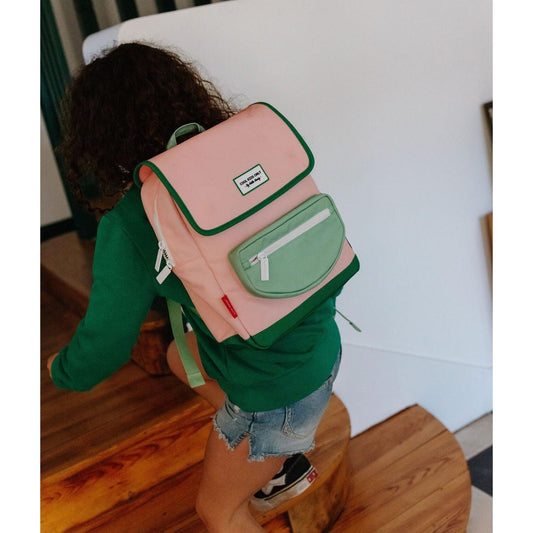 Pink and green square kids backpack with adjustable straps