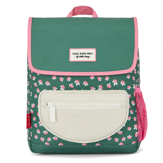 Green floral square kids backpack with pink trim and Hello Hossy label