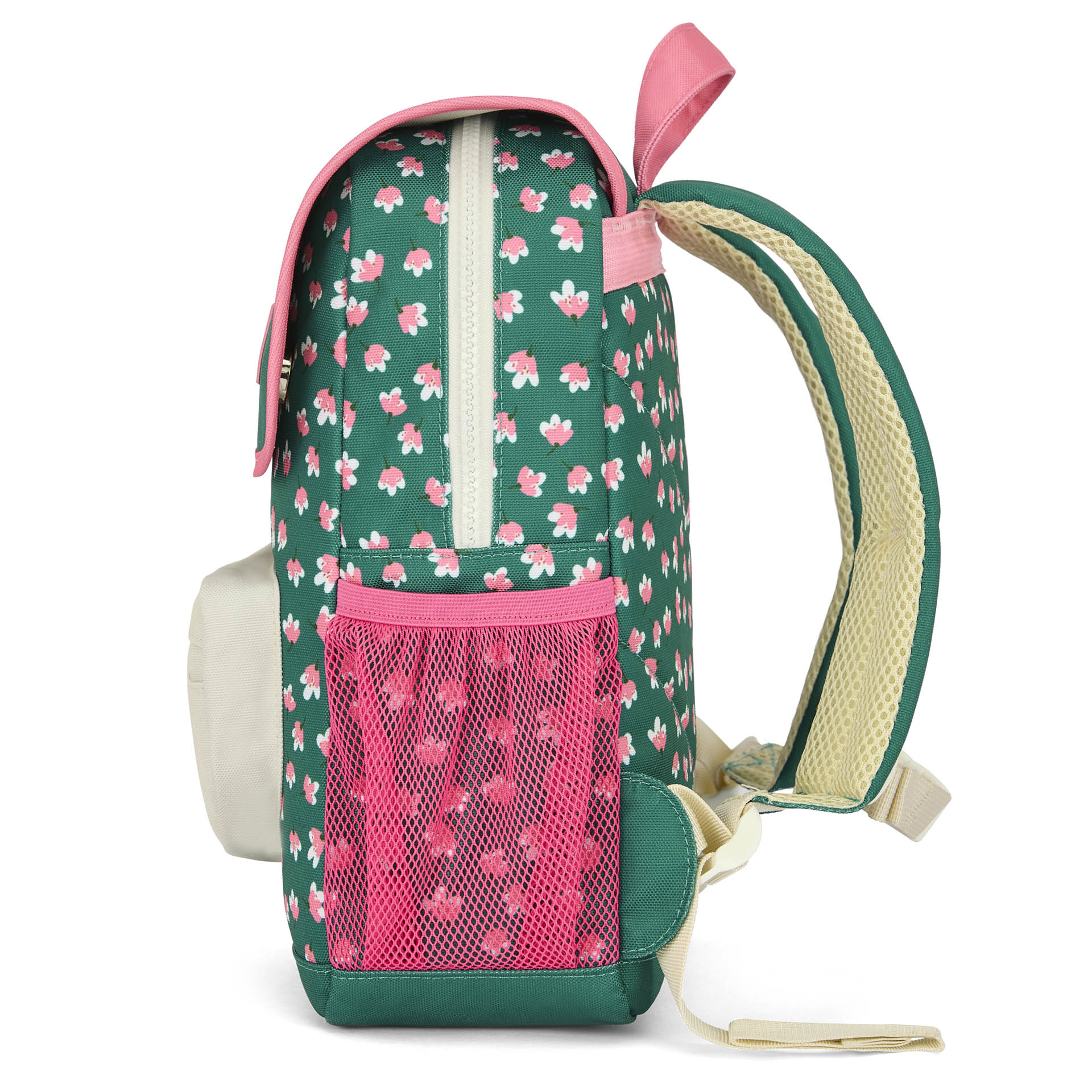 Side profile of green floral kids backpack with mesh pockets and adjustable strap