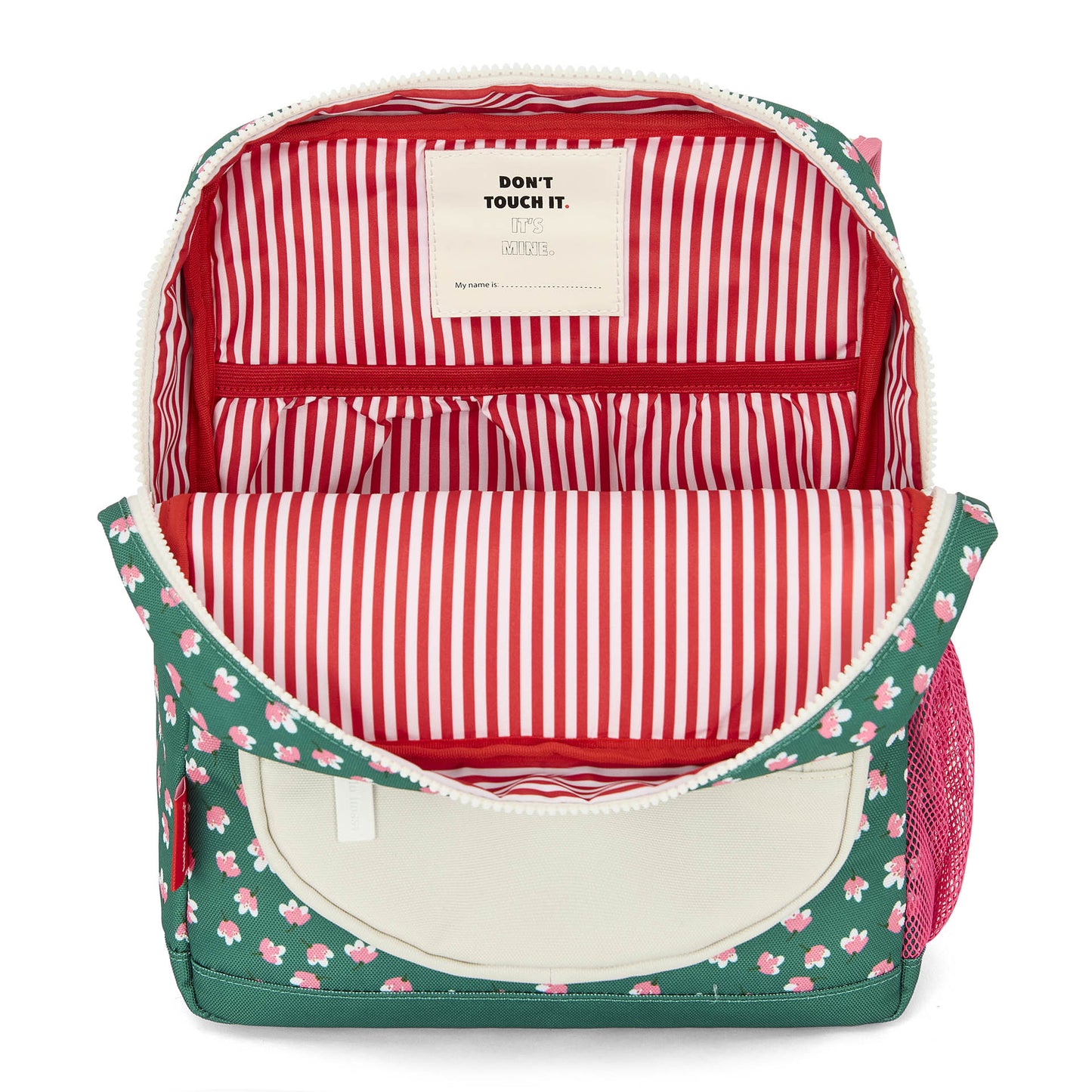 Interior of green floral kids backpack with striped lining and name tag pocket