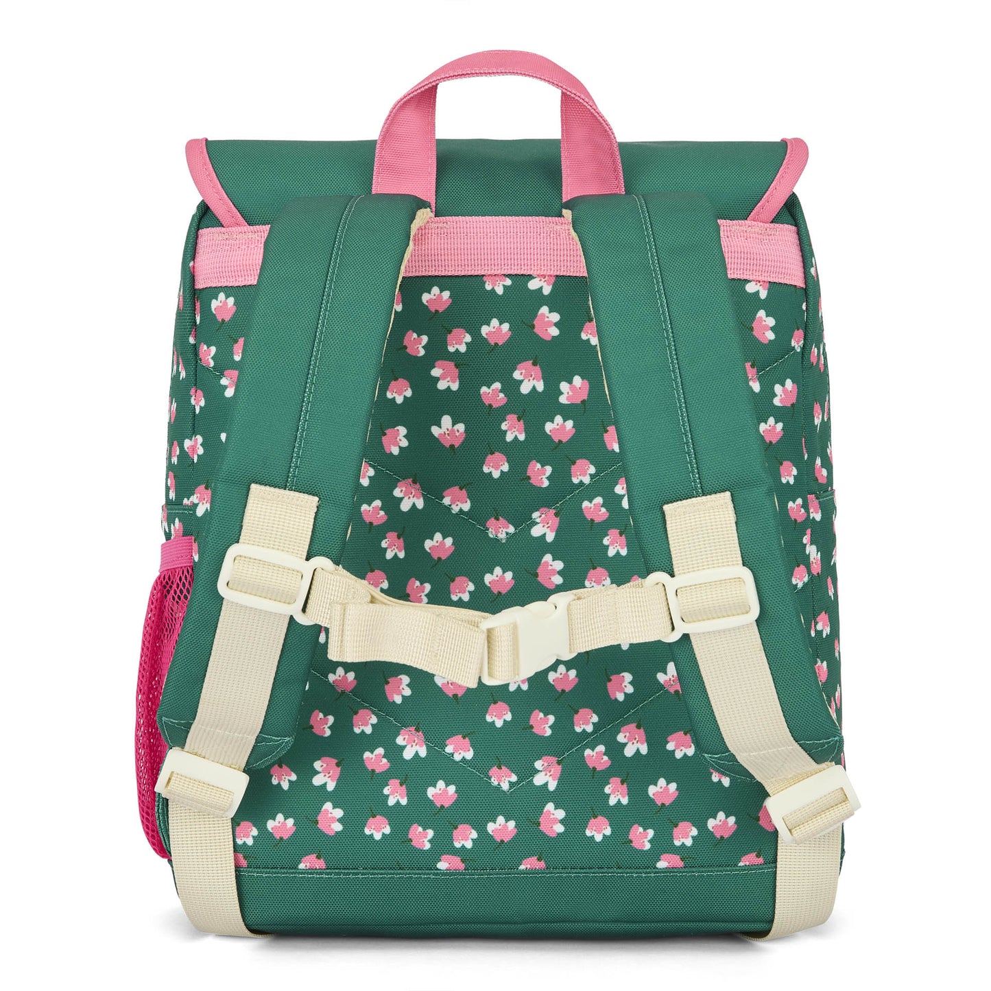 Adjustable beige shoulder straps on green floral children's backpack
